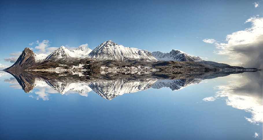 norwegia, alam, cermin, refleksi, pemandangan, musim dingin, sungai, laut, pulau, gunung