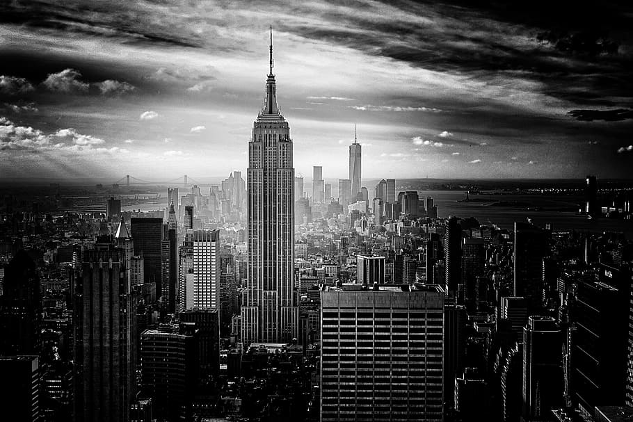 New York, city, Empire State, buildings, downtown, towers, high rises, architecture, sky, clouds