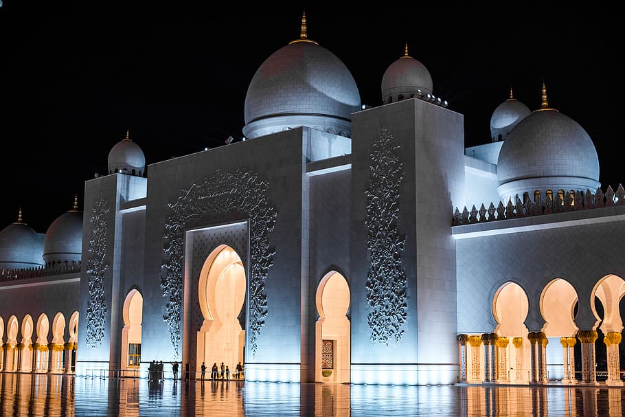 uae, abu dhabi, sheikh zayed, grand, mosque, night, lights, blue, dark, dome