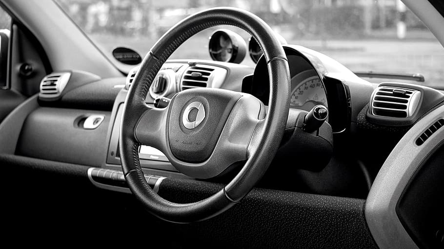 car, interior, black and white, monochrome, grayscale, steering, wheel, motor vehicle, car interior, mode of transportation