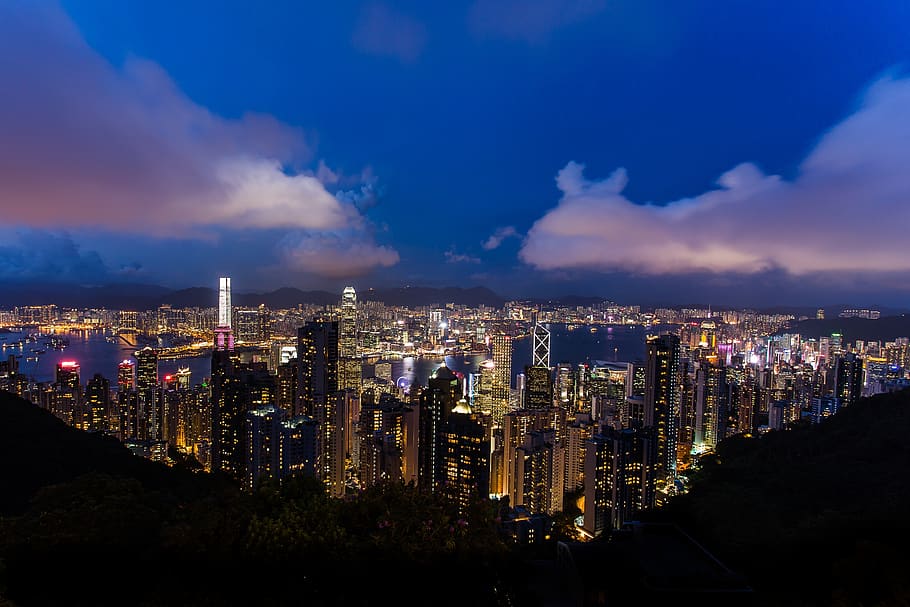 hong kong, cityscape, china, malam, panorama kota, pemandangan kota, metropolis, pencakar langit, senja, pemandangan