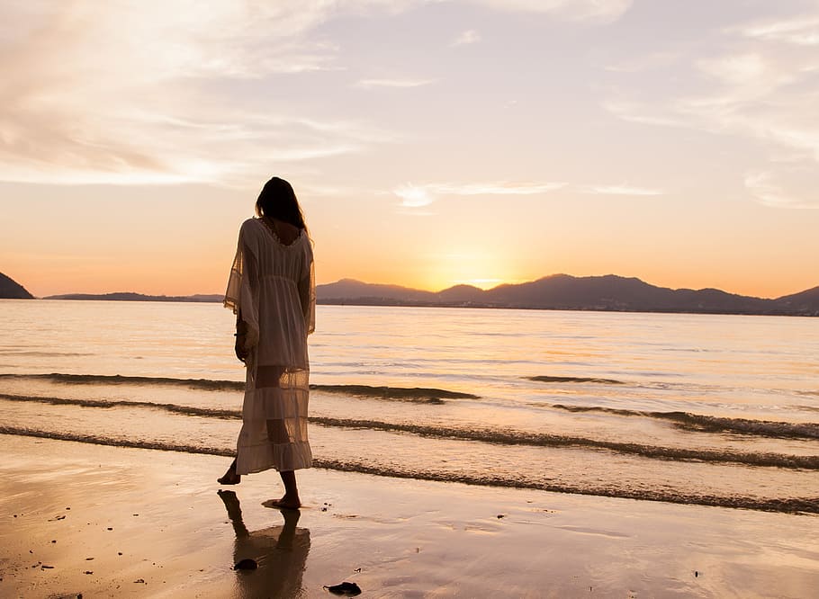 woman, beach, walk, dress, long, sunset, sounrise, sun, sky, sea