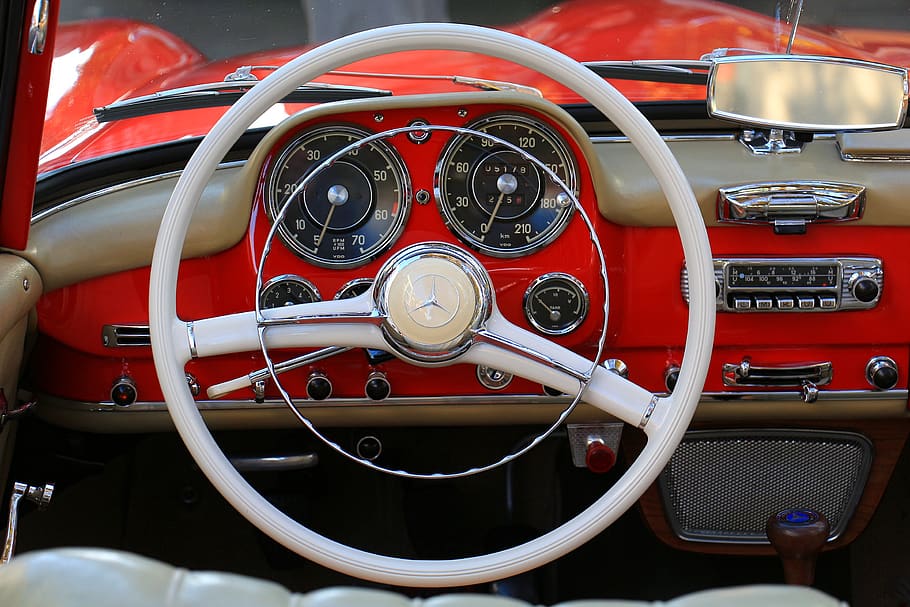 auto, dashboard, steering wheel, transport system, drive, oldtimer, mercedes, historically, vehicle, convertible