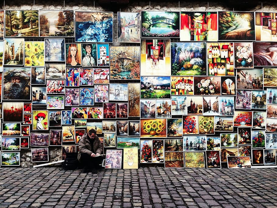 art, artist, paintings, painter, street, cobblestone, variation, choice, retail, large group of objects