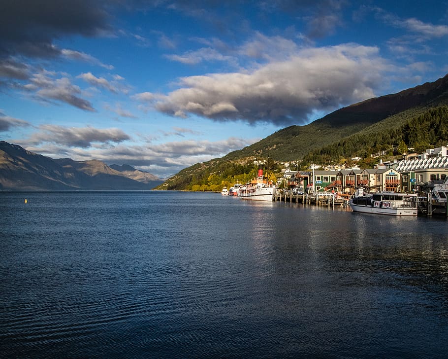 queenstown, new zealand, lake, water, mountains, sky, scenic, travel, outdoor, boats