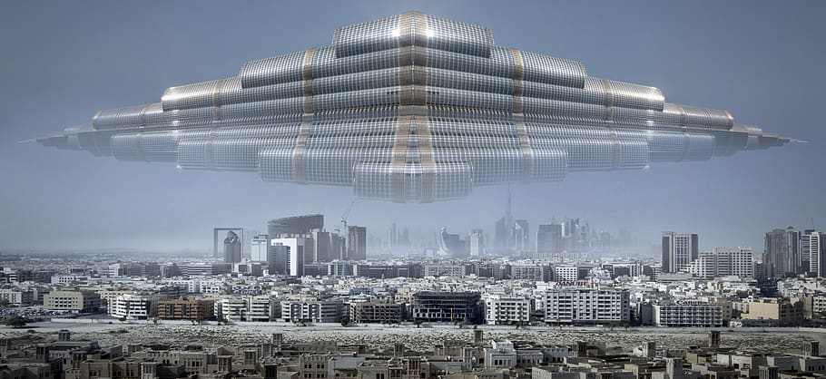 kota, ufo, maju, arsitektur, cahaya, futuristik, penerbangan, surealis, mengambang, photomontage