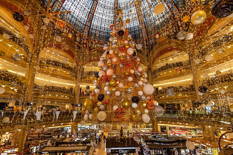 paris, department stores, france, architecture, dome, perspective, christmas, panorama, indoors, illuminated