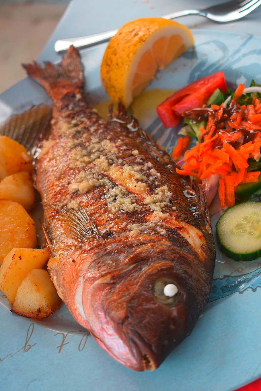 ikan, ikan air tawar, makan, makanan, sehat, lapangan, lezat, hidangan utama, panggang, doraden