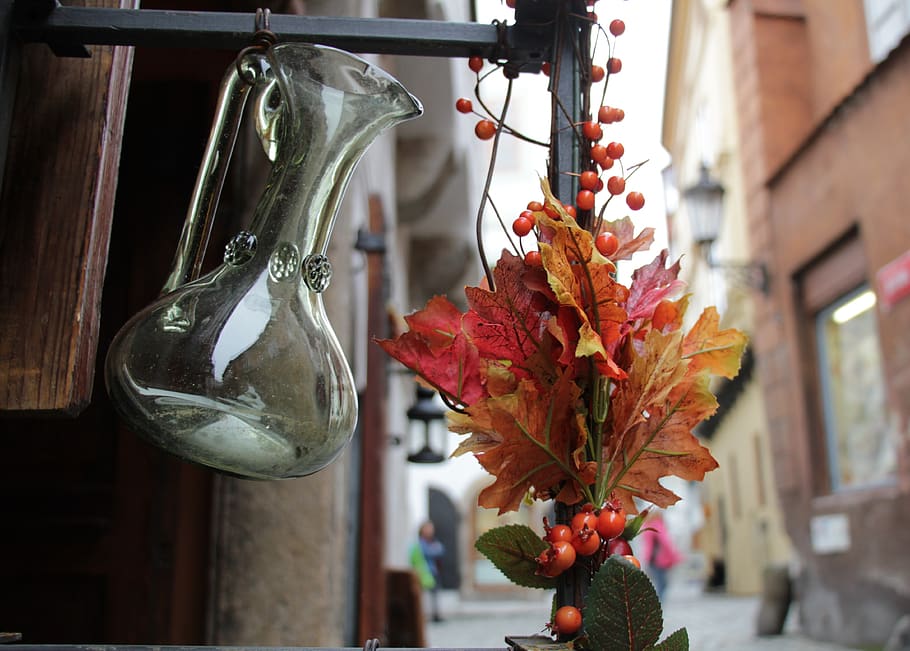 bouquet, glass, ornament, red, pitcher, decorative, yellow, decanter, decor, street