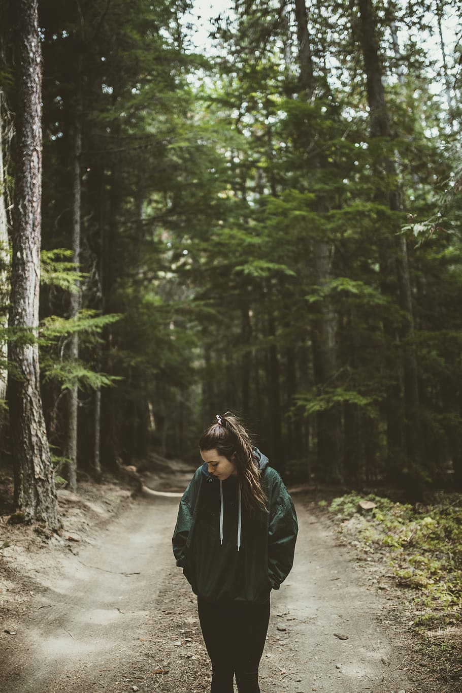 girl, road, trail, dirt road, hiking, nature, forest, trees, hoodie, people