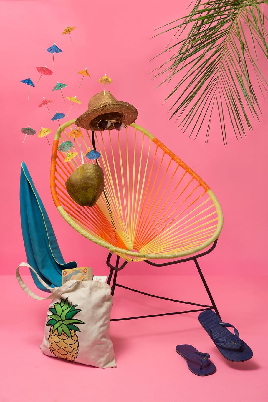 slipper, bag, logo, hat, summer, vacation, sunglasses, chair, relax, beach