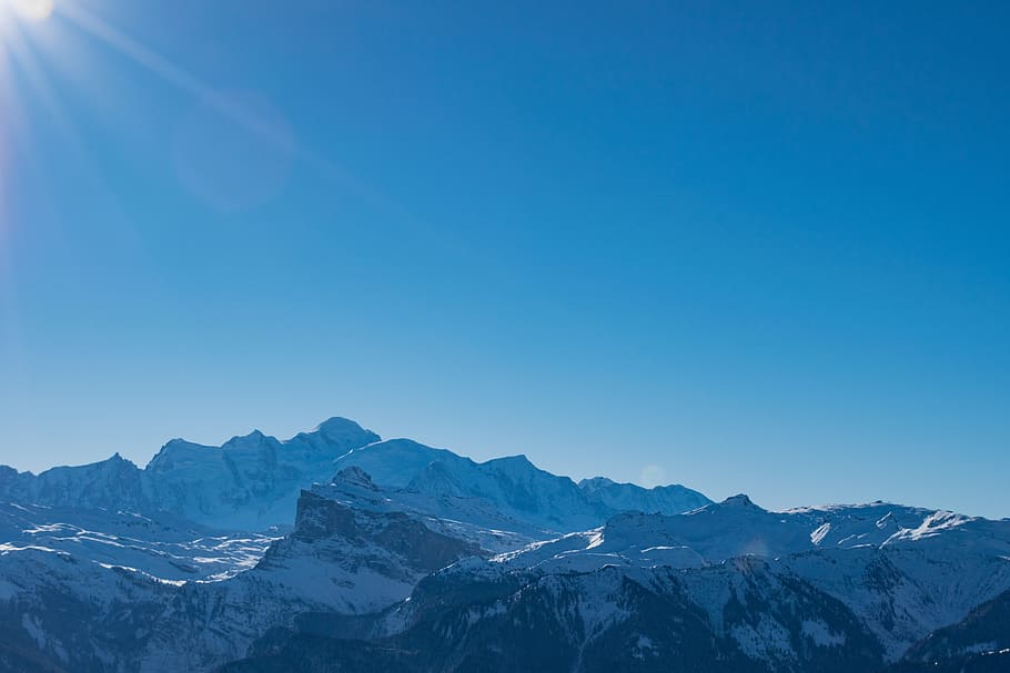 Montaña, cielo, nieve, azul, sol, pico, invierno, cordillera, temperatura fría, paisajes - naturaleza