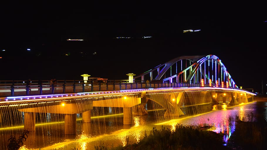 bridge, night, lights, bright, sea, water, glow, city, architecture, built structure