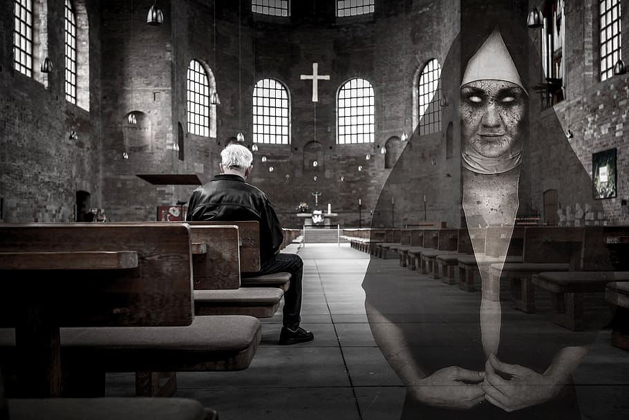 ghost, scary, nun, religion, church, architecture, men, real people, sitting, adult