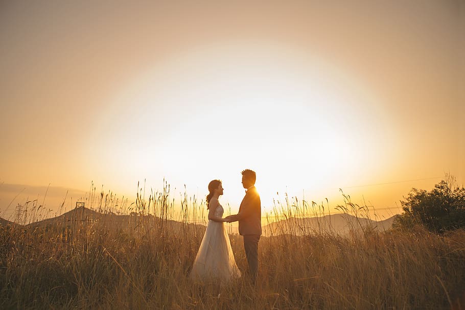 wedding sunset, people, marriage, married, sunset, wedding, two people, love, togetherness, women