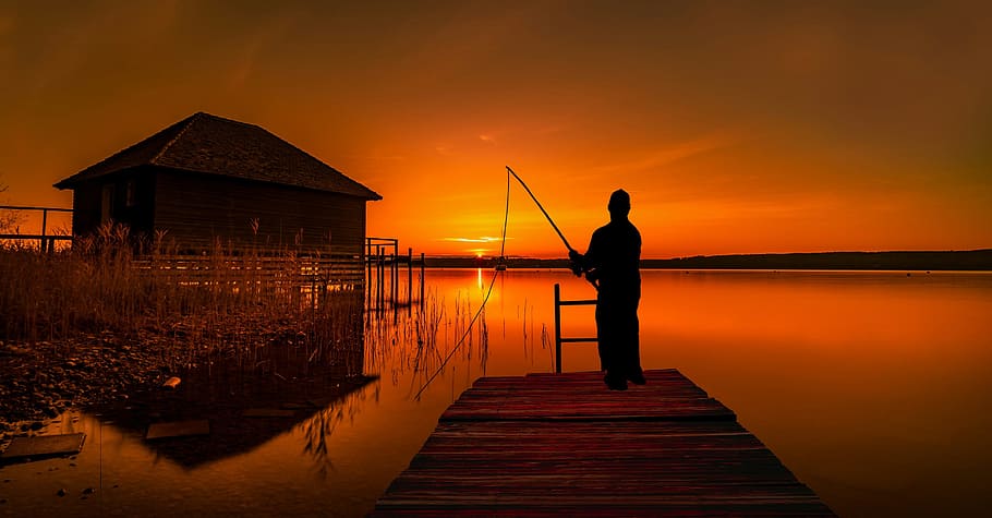fishing fisherman, fishing, fisherman, lake, hobby, nature, sports, man, sunset, action