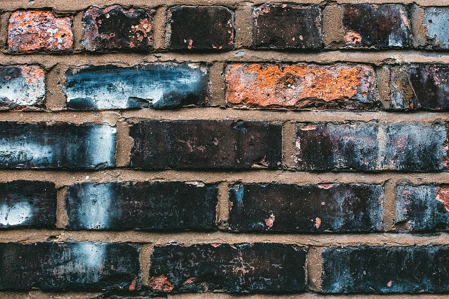 old, brick, texture, wall, rustic, orange, black, blue, building, architecture