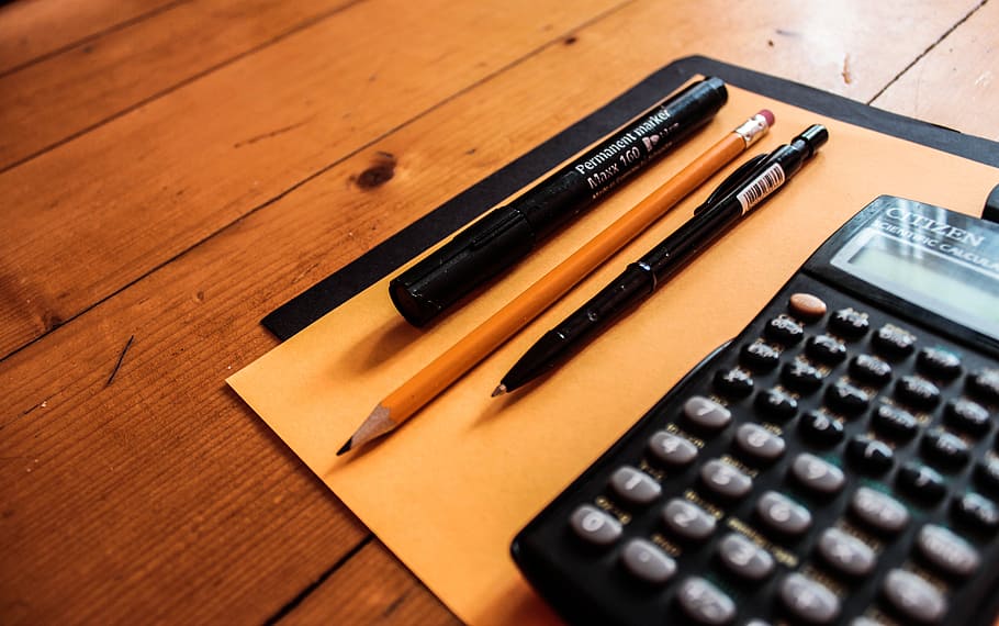 kalkulator, pensil, pena, kertas, meja, kantor, pekerjaan, bisnis, pelatihan, perhitungan
