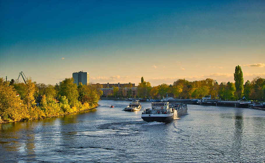 traffic, river, encounter, transport, shipping, ship, water, waterway, landscape, germany