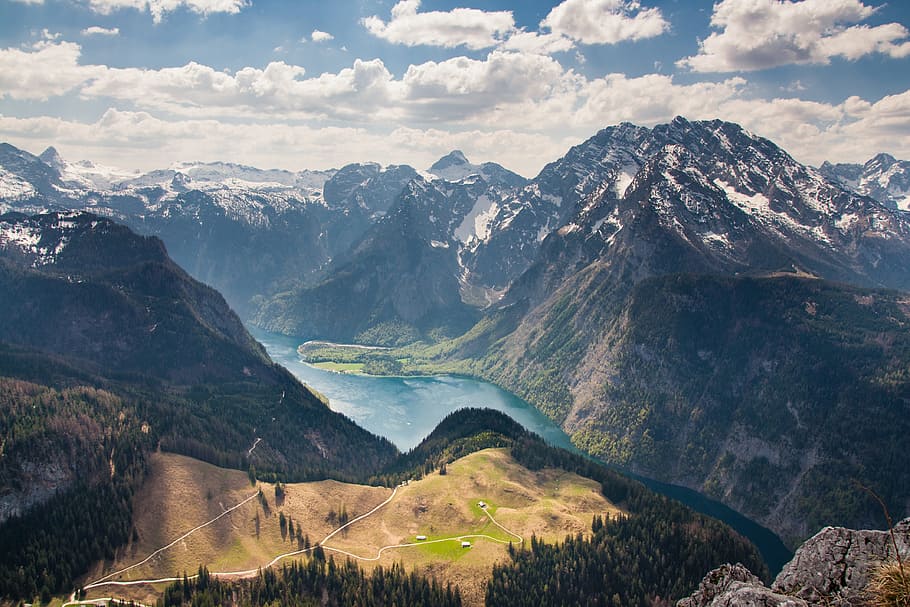 belas montanhas alpinas, landscapeNature, bonito, verde, lago, montanhas, neve, água, scenics - natureza, beleza natural
