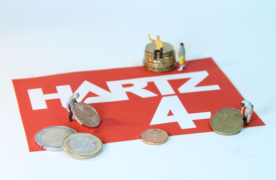 Hartz 4, pobreza, cifras en miniatura, mercado laboral, desempleo, formación, dinero, euro, centavo, iv