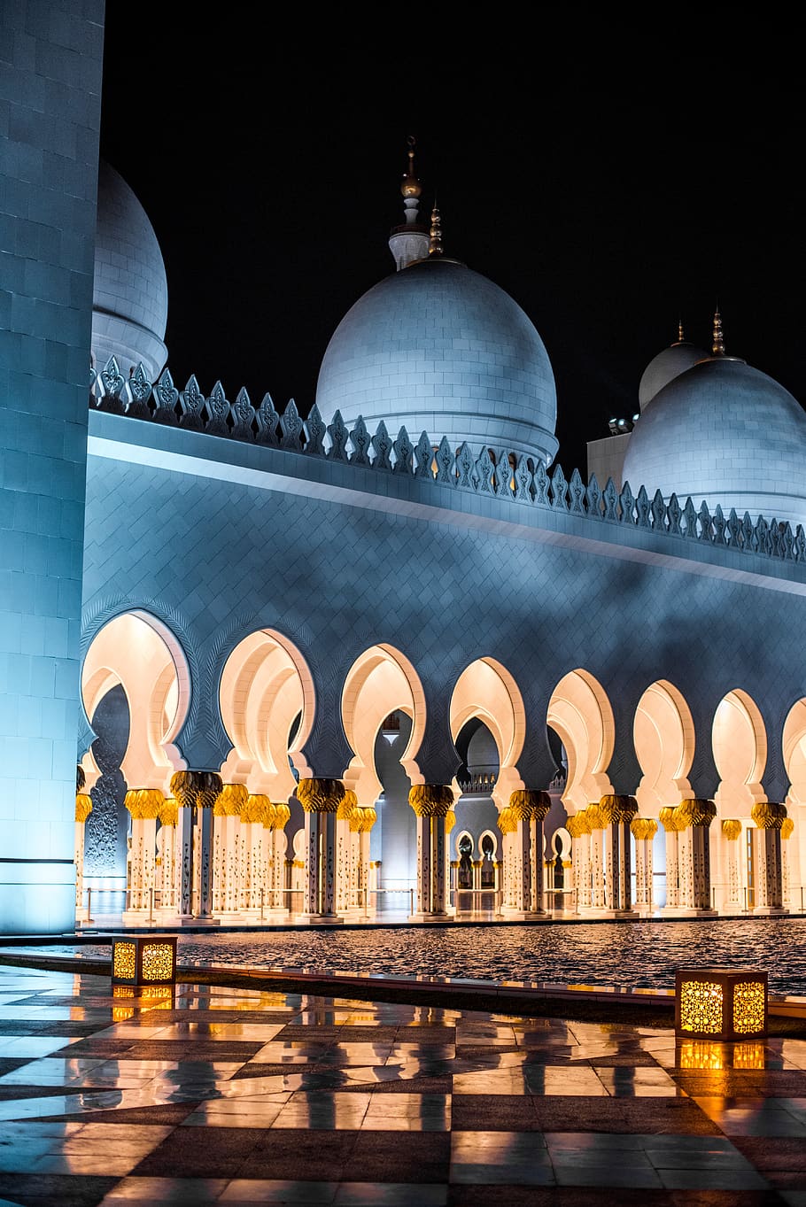 uae, abu dhabi, sheikh zayed, grand, mosque, night, lights, blue, dark, dome