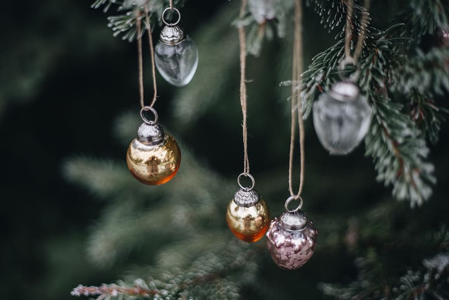 decoração chique do feriado, árvore, decoração, decorações, férias, natal, bolas de natal, ao ar livre, enfeites, de suspensão