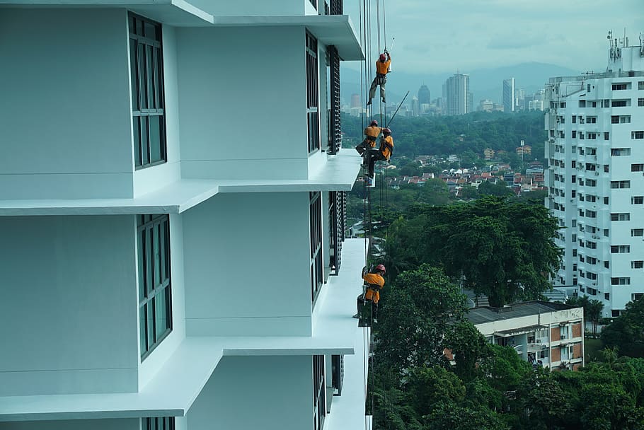 building maintenance, job in the air, safety first, painting facade, brave workers, skyscraper homes, architecture, building exterior, built structure, building