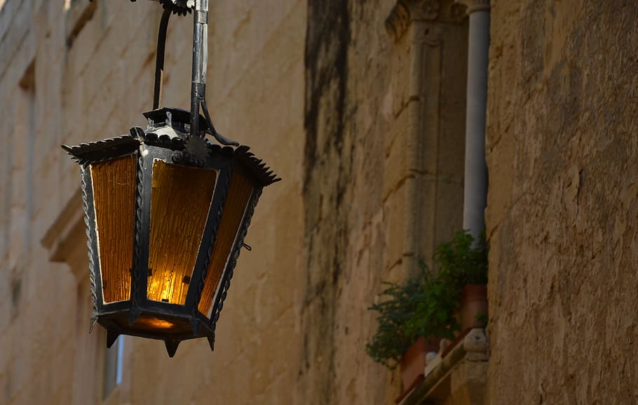lamp, light, old, alley, mdina, malta, cast iron, lantern, lighting equipment, built structure