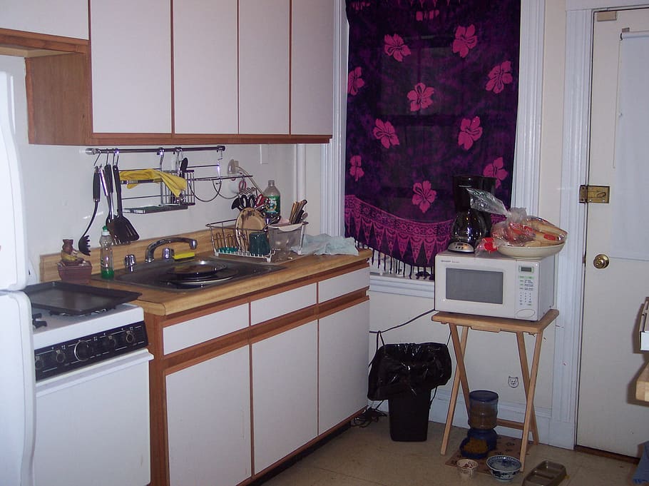 kitchen, cabinets, white, microwave, stove, curtain, catfood, indoors, domestic room, furniture