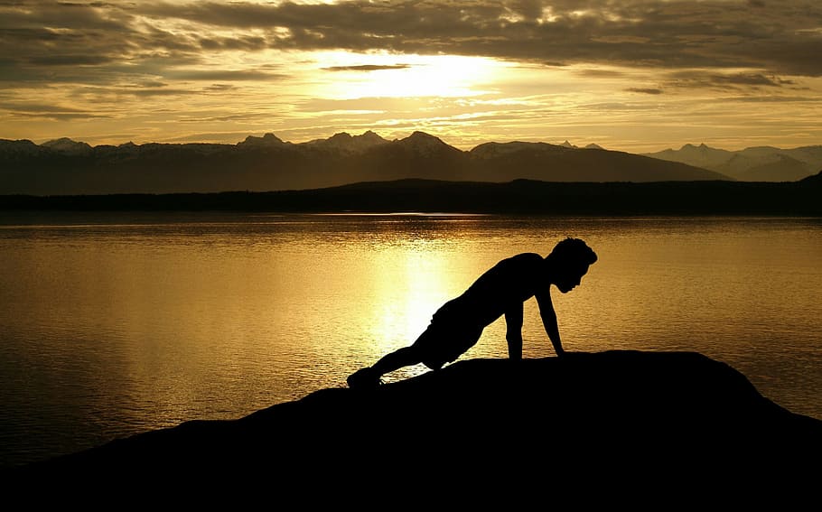 silhouette, man, pushups, beach, sunset., crossfit, determination, difficult, mountain, exercise