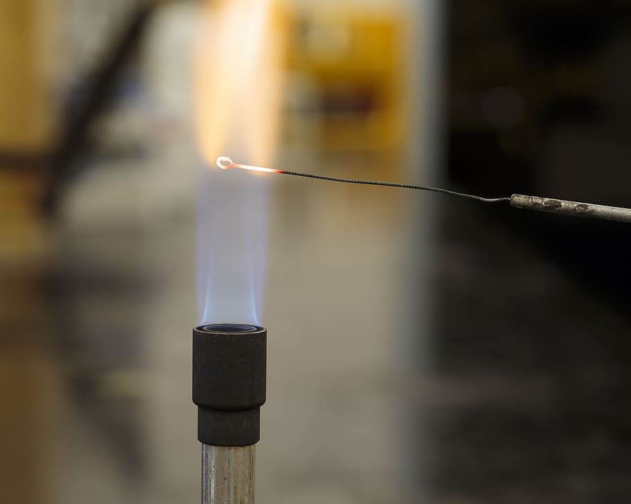 flamejante, laço de fio de microbiologia, usando, técnica de captura, bunsen, queimador, chama, quente, propano, gás