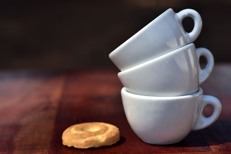 break, espresso, espresso cups, old, old cups, stacked, biscuit, snack, coffee break, benefit from