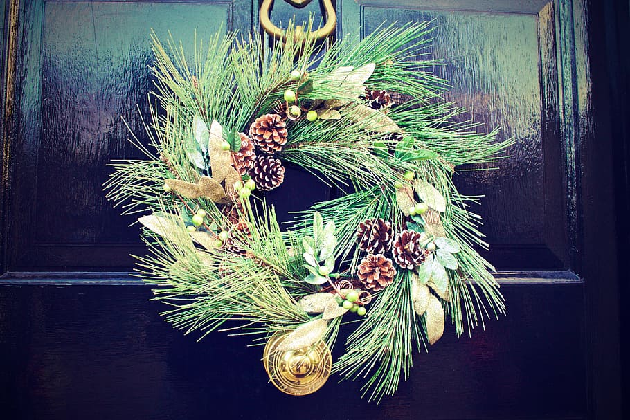 Christmas, wreath, door, pines, pine cones, plant, nature, indoors, decoration, wood - material