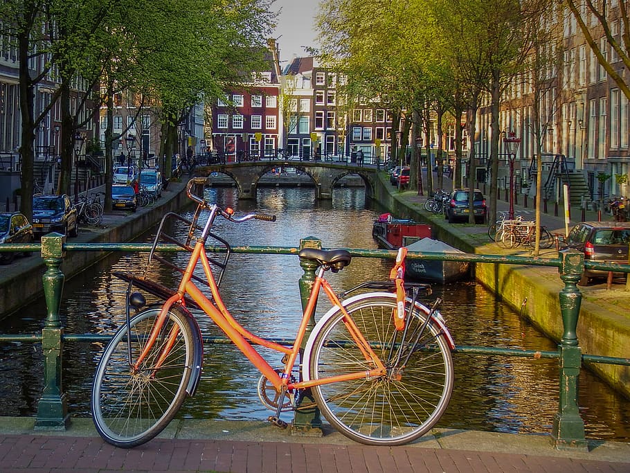 ponte, bicicleta, amsterdam, rua, holanda, pedal, cadeia, estrada, urbano, transporte