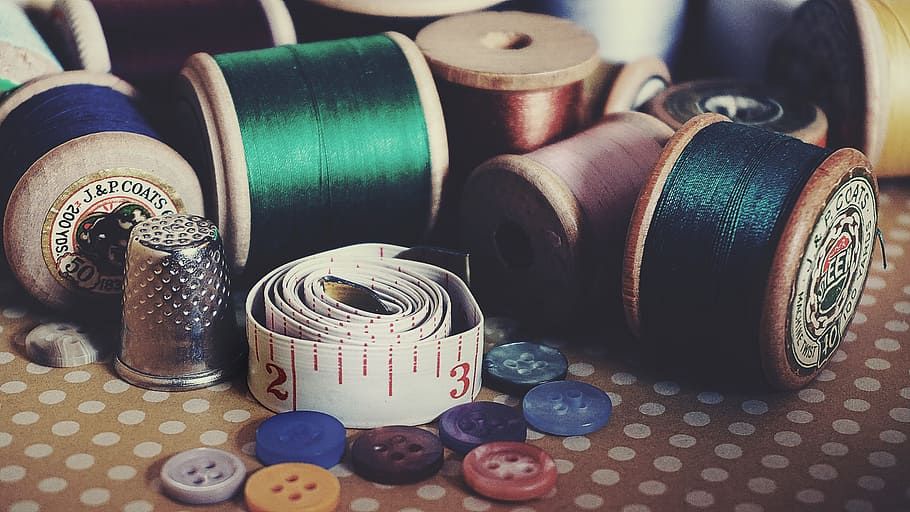 costura, linha de costura, algodão, bobinas de algodão, vintage, artesanato, passatempos, botões, fita métrica, escolha