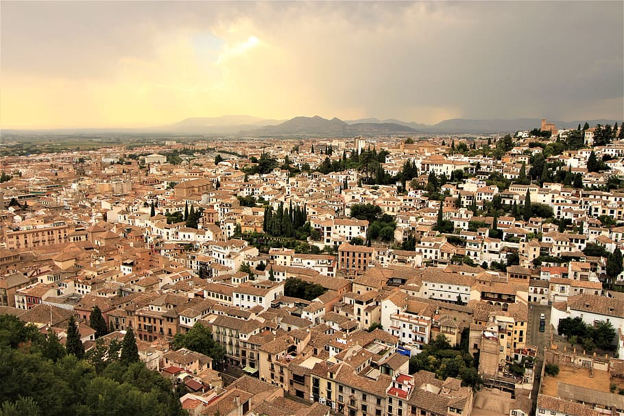 granada, panorama, spain, landscape, andalusia, church, mountains, places of interest, sierra nevada, sky