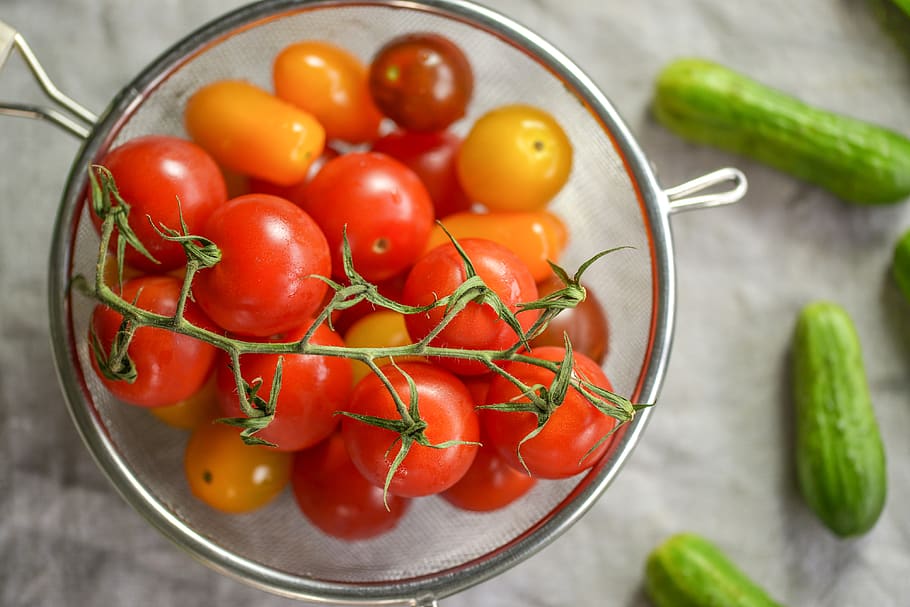 tomate, tomate cereja, vegetal, pepino, cru, vermelho, amarelo, laranja, verde, vegetais