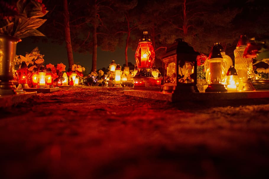 night, cemetery, the tomb of, illuminated, burning, tree, fire, religion, celebration, candle