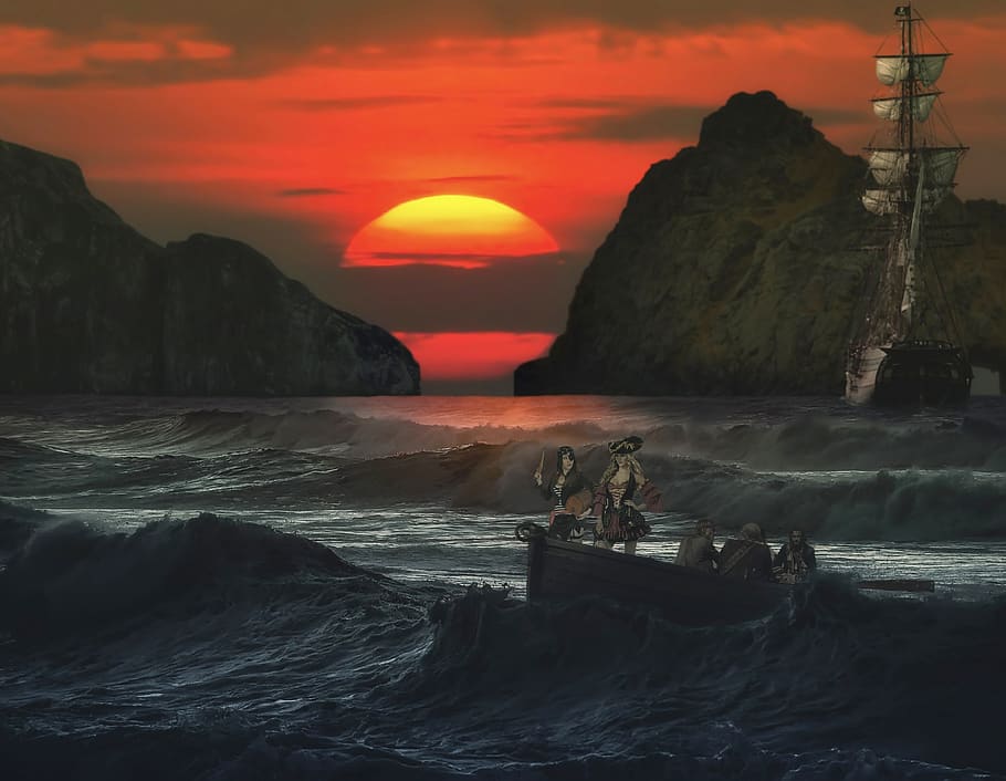 photo montage, pirates of the, sunset, sea, island, fantasy, sun, adventure, water, sky