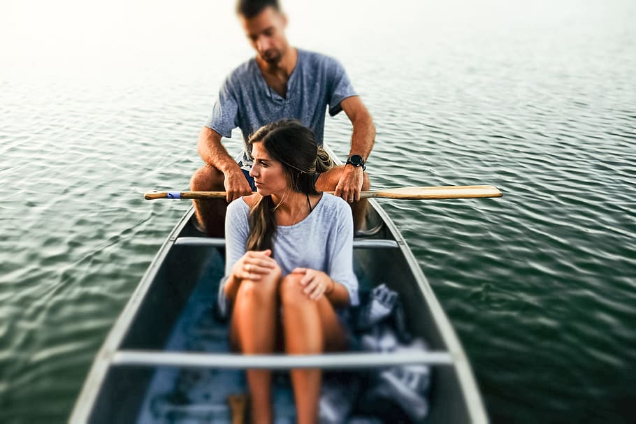 casal, barco canoa, pessoas, barco, passeio de barco, barcos, canoa, canoagem, férias, lago