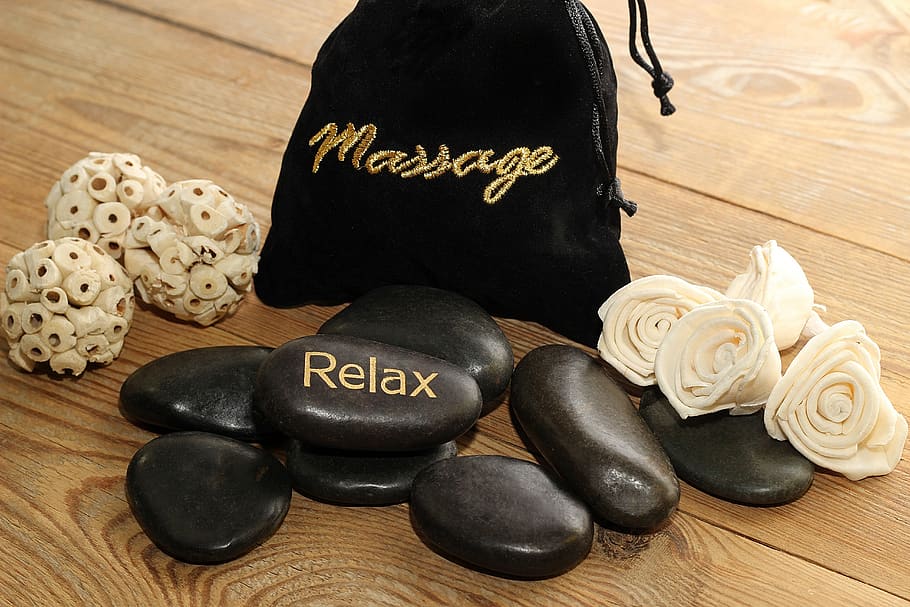 massage, stones, black, relax, bag, wood, flowers, deco, relaxation, recovery