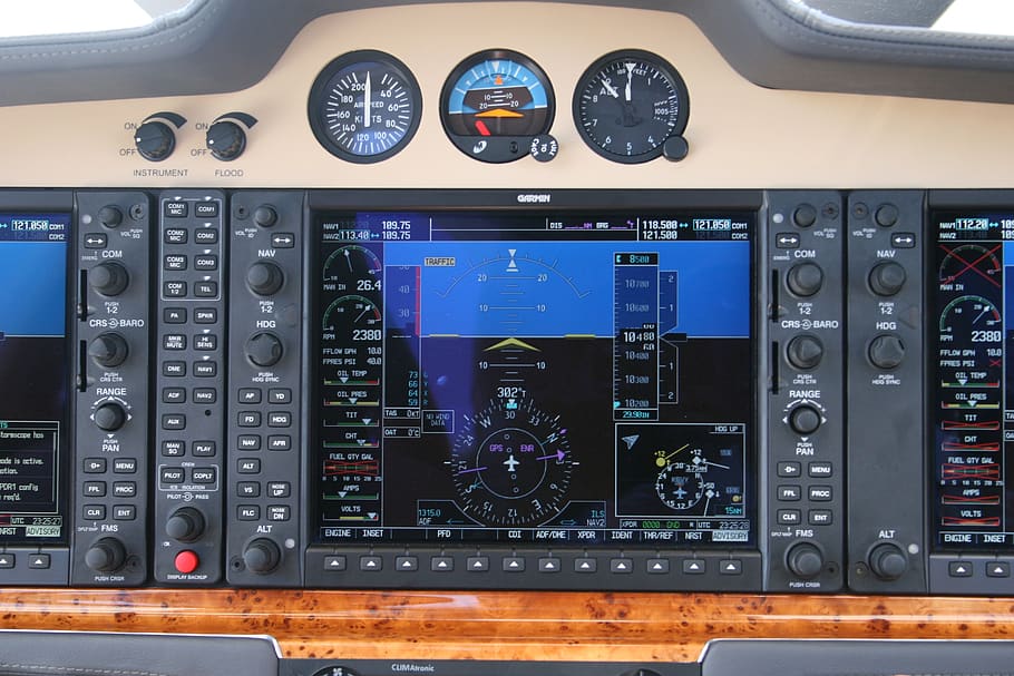 airplane, cockpit, controls, plane, aircraft, interior, gauges, dials, buttons, screen