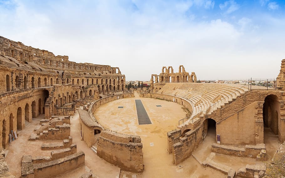 jaman dahulu, perjalanan, panorama, amfiteater, teater lingkaran, gladiator, roma, romans, tunisia, tunisie