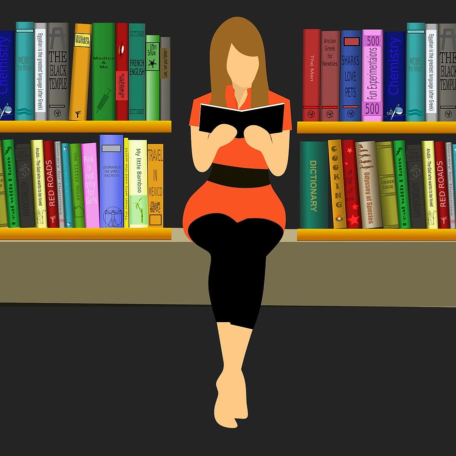 mulher, sentado, biblioteca, livros, leitura., livro da biblioteca, biblioteca antiga, estantes, ícones da biblioteca, fundo da biblioteca