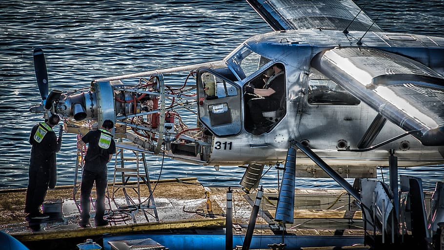 service, seaplane, aircraft engine, vancouver, fitter, water, men, nature, mode of transportation, real people