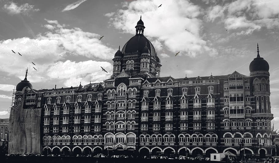 india, mumbai, bombay, city, tourism, black, white, cityscapes, the taj mahal palace, heritage