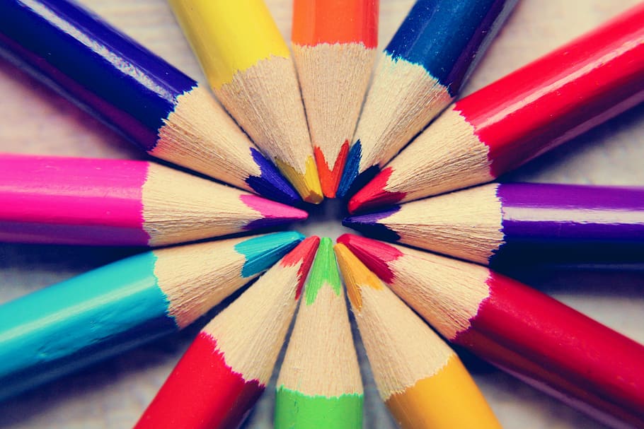 pensil warna, cat, jantung, sekolah, pena, menggambar, warna, taman kanak-kanak, warna-warni, krayon