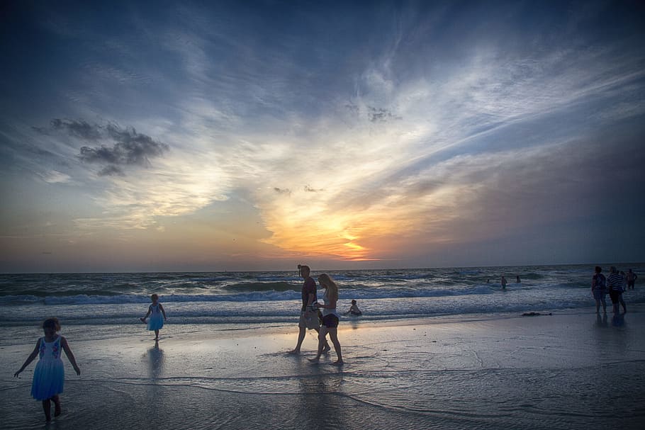 beach, sunset, florida, ocean, people, children, play, clouds, sand, evening
