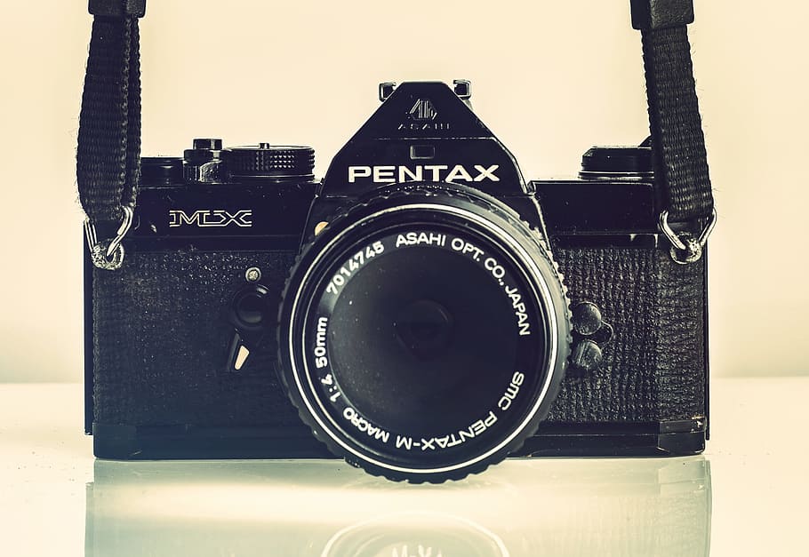 Pentax, analógico, cámara, vintage, antiguo, primer plano, apertura, negro, tecnología, dispositivo